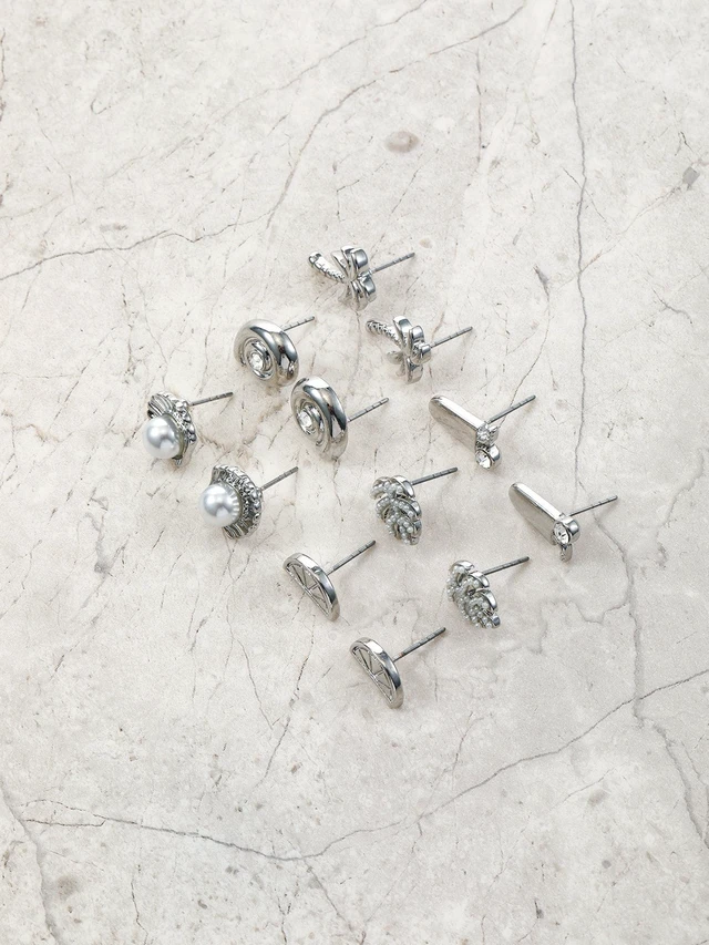 Alt view image 3 of 4 - Time and Tru Vacay Vibes Silvertone Stud Earrings, 6 Pairs