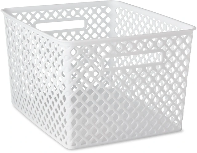 Main image of Mainstays Large White Decorative Plastic Storage Basket, 14.7in x 12in x 8.5in