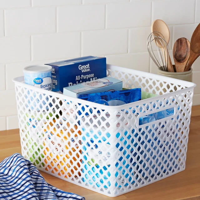 Alt view image 5 of 5 - Mainstays Large White Decorative Plastic Storage Basket, 14.7in x 12in x 8.5in