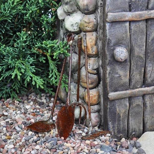Alt view image 2 of 6 - G & F Fairy Garden Miniature Tool Set, Metal Decorative Spade, Pitchfork, Rake, Hoe, Brown, 1 Set