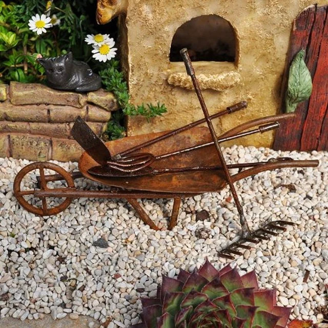 Alt view image 6 of 6 - G & F Fairy Garden Miniature Tool Set, Metal Decorative Spade, Pitchfork, Rake, Hoe, Brown, 1 Set