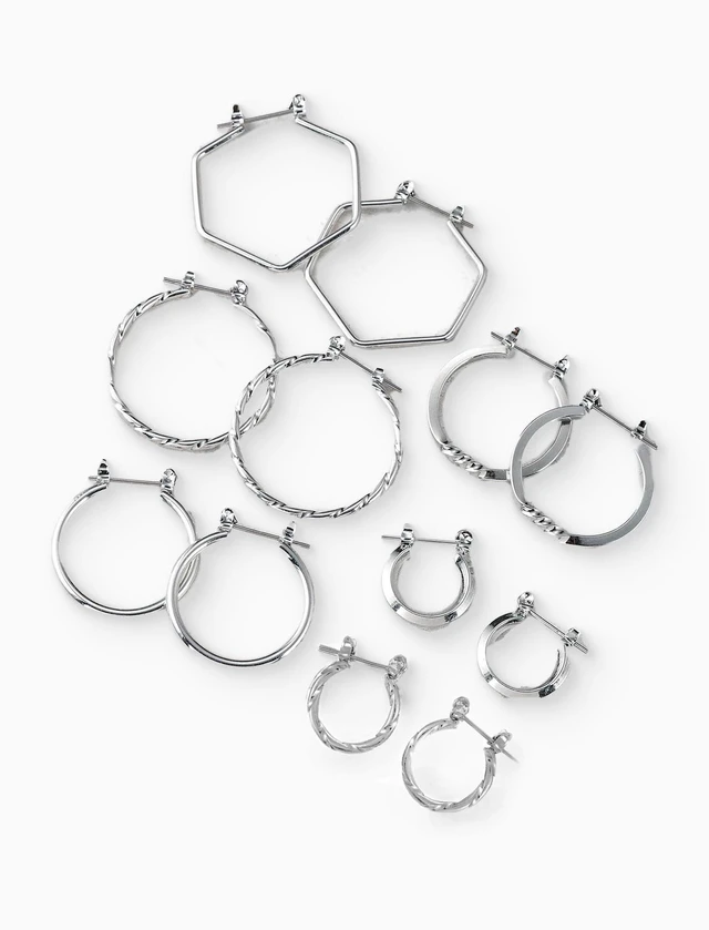 Alt view image 4 of 5 - Time and Tru Essentials Multi Ear Silver Hoop Earrings 6 Pack