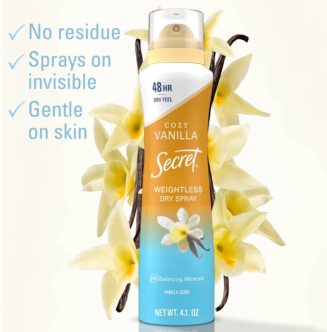Alt view image 5 of 5 - Secret Dry Spray Antiperspirant Deodorant, Vanilla and Argan Oil, 4.1 oz