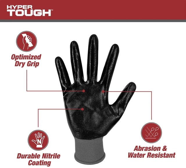 Alt view image 5 of 5 - Hyper Tough 3-Pack Nitrile Grip Gloves, Gray, Latex Free, Large, 2 Pack