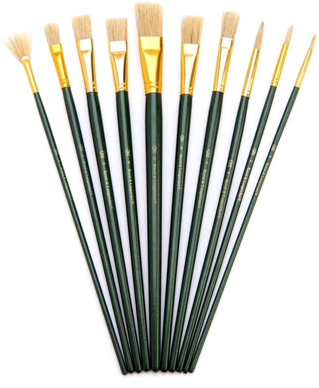 Alt view image 2 of 6 - Royal & Langnickel Natural Bristle Long Handle Acrylic and Oil Art Brushes, Assorted Shapes, 10 Pieces