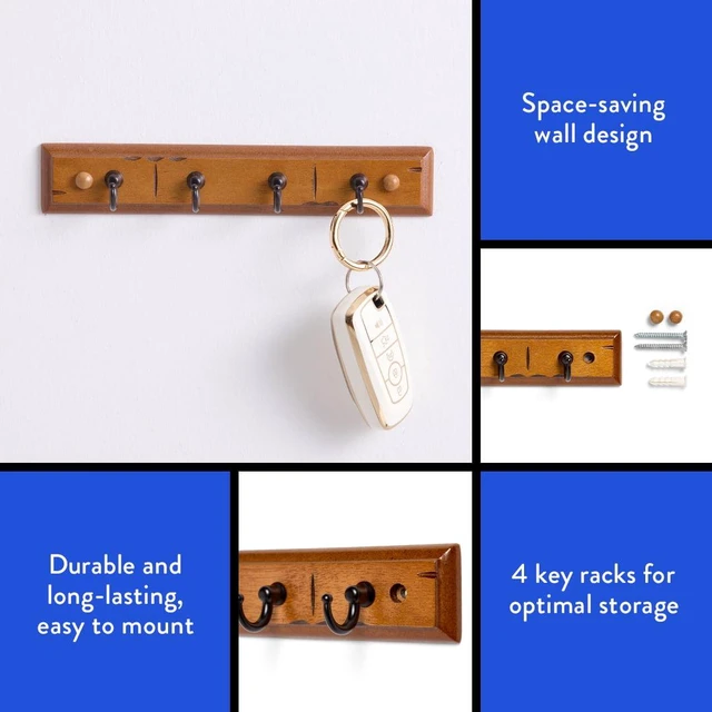 Alt view image 6 of 6 - Mainstays Antique Walnut Key Rail with 4 Satin Nickel Hooks, 8.75in, 2lb, 1 Pack