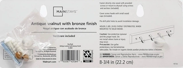 Alt view image 4 of 6 - Mainstays Antique Walnut Key Rail with 4 Satin Nickel Hooks, 8.75in, 2lb, 1 Pack