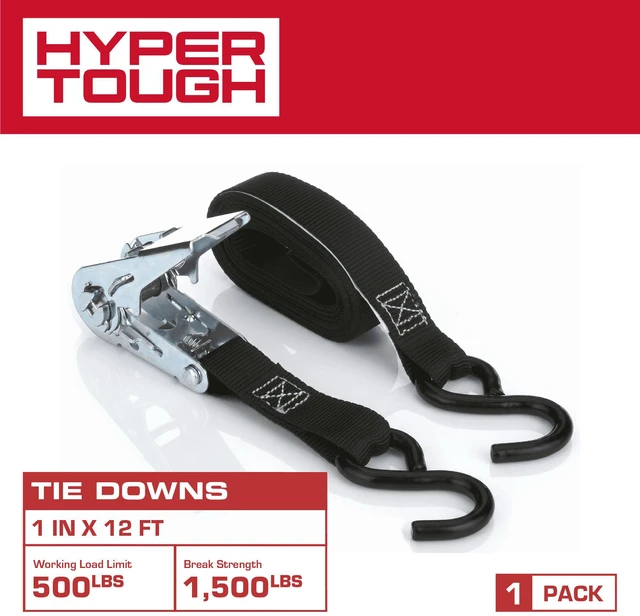 Alt view image 4 of 6 - Hyper Tough 12 Ft x 1 In Black Ratchet Tie-Down with Coated S-Hooks (2-Pack)