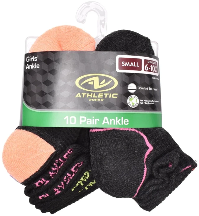 Alt view image 4 of 7 - Athletic Works Girls Ankle Socks (10-Pack) Sizes S-L