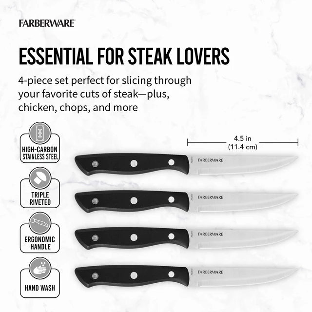 Alt view image 4 of 5 - Farberware Classic 4-Piece Stainless Steel Steak Knife Set with Black Handles