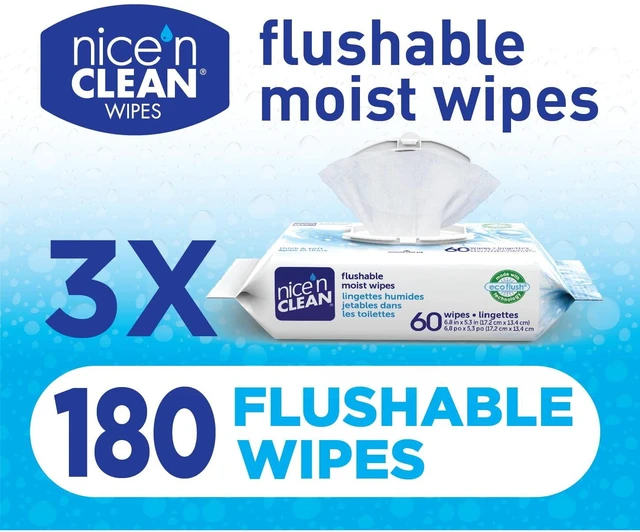 Alt view image 6 of 6 - Nice N Clean Plant-Based Flushable Wet Wipes, 3 Flip-Top Packs (180 Wipes)