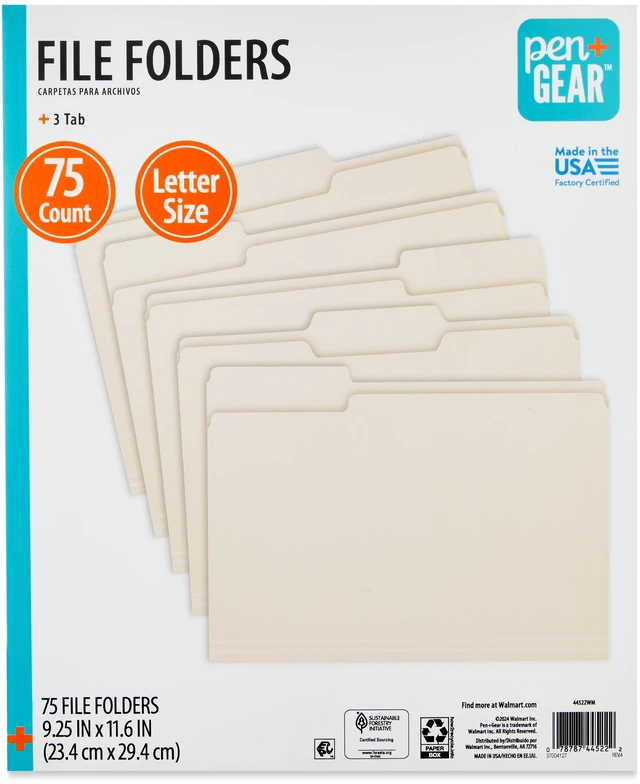 Main image of Pen+Gear Letter Size 1/3 Cut File Folders, 75 Count, Manila