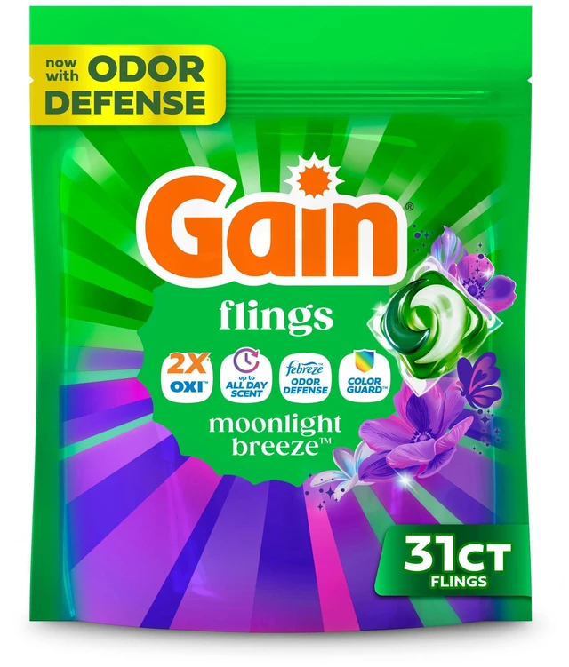 Main image of Gain Flings 4-in-1 Oxi Boost and Febreze Laundry Detergent Pacs, Moonlight Breeze Scent, 31 Count