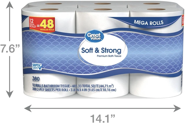 Alt view image 3 of 6 - Great Value Soft & Strong Toilet Paper, 12 Mega Rolls, 380 Sheets per Roll