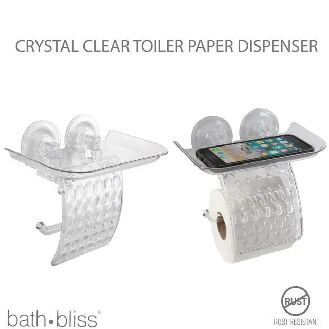 Alt view image 4 of 5 - Bath Bliss Power Lock Suction Cup Toilet Paper Dispenser with Cell Phone Holder, Clear