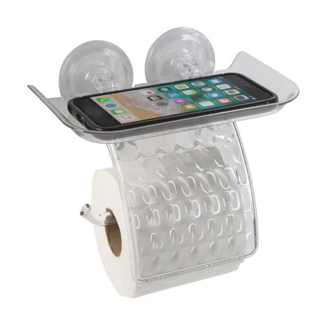 Alt view image 5 of 5 - Bath Bliss Power Lock Suction Cup Toilet Paper Dispenser with Cell Phone Holder, Clear