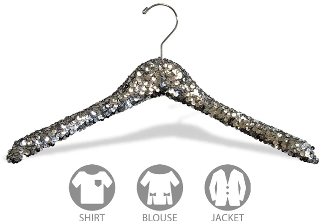 Alt view image 2 of 3 - International Hanger Curved Silver Sequined Solid Wood Hanger, 360-Degree Swivel Hook, for Shirts, Jackets, Dresses, Bridal - 1 Pack