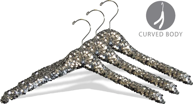 Alt view image 3 of 3 - International Hanger Curved Silver Sequined Solid Wood Hanger, 360-Degree Swivel Hook, for Shirts, Jackets, Dresses, Bridal - 1 Pack