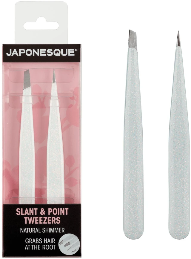 Main image of Japonesque Slanted & Pointed Tip Tweezers, Stainless Steel, Natural Shimmer