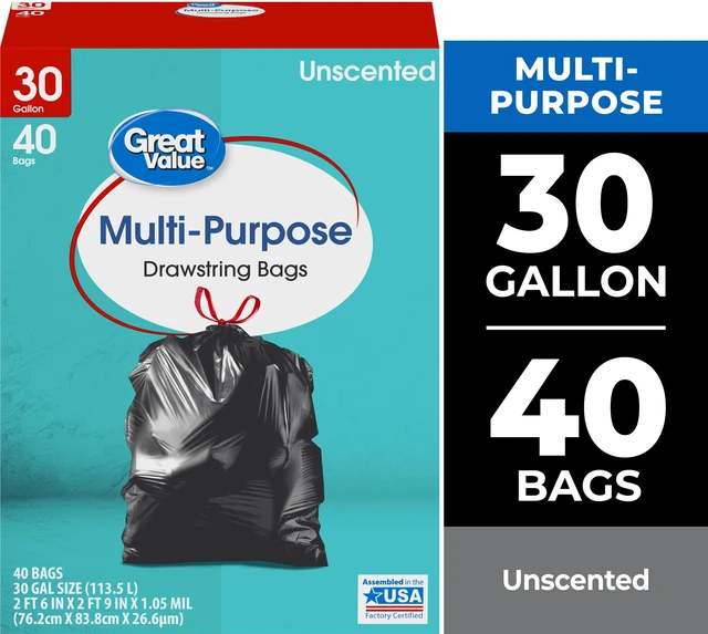 Main image of Great Value 30Gallon Multi-Purpose Drawstring Trash Bags, 40Count