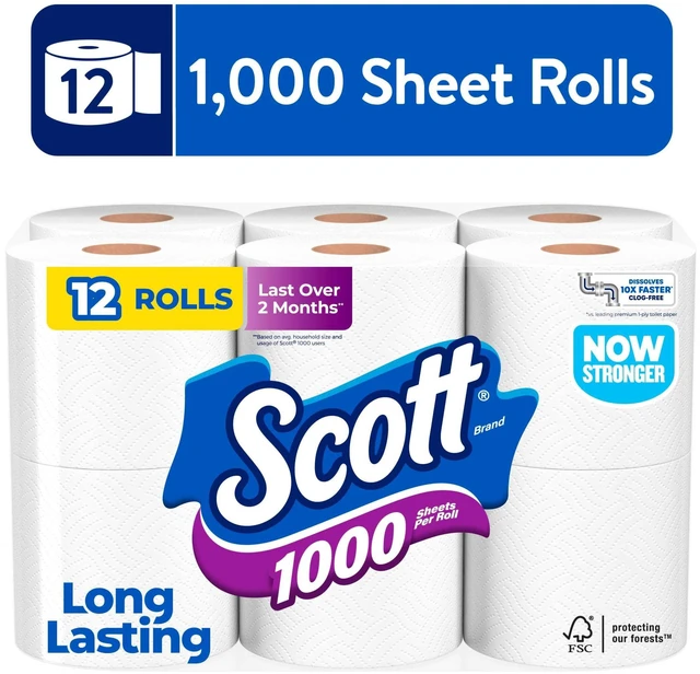 Main image of Scott 1000 1-Ply Toilet Paper, 12 Rolls, 1000 Sheets per Roll