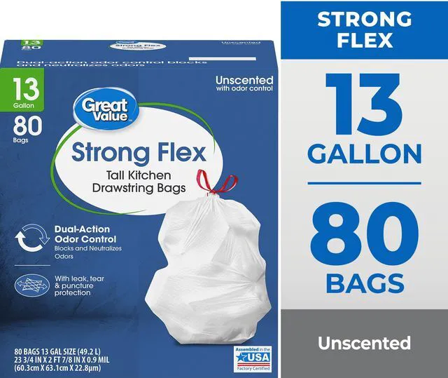 Main image of Great Value 13 Gallon Drawstring Kitchen Wastebasket Liners, White, Unscented, 80 Count