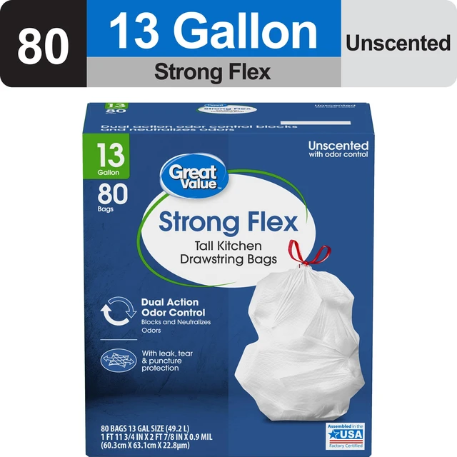 Alt view image 3 of 6 - Great Value 13 Gallon Drawstring Kitchen Wastebasket Liners, White, Unscented, 80 Count