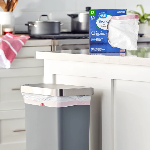 Alt view image 6 of 6 - Great Value 13 Gallon Drawstring Kitchen Wastebasket Liners, White, Unscented, 80 Count