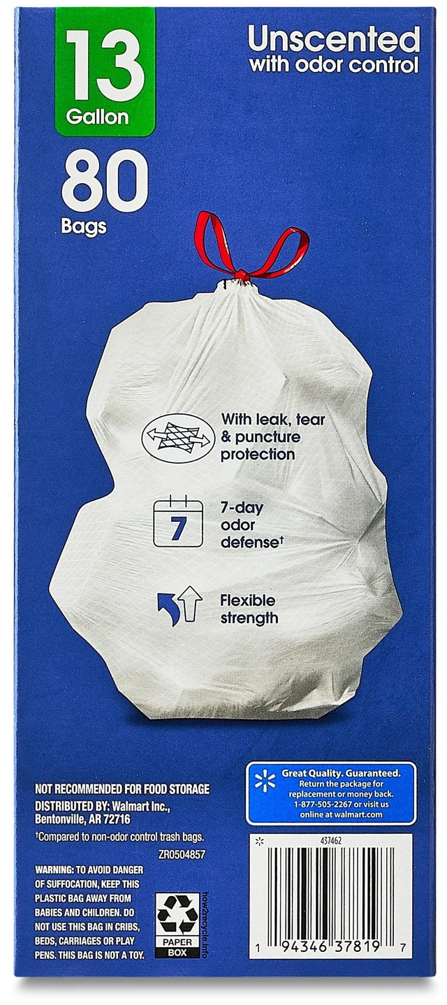 Alt view image 5 of 6 - Great Value 13 Gallon Drawstring Kitchen Wastebasket Liners, White, Unscented, 80 Count