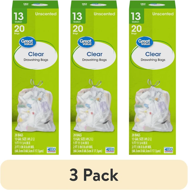 Main image of Great Value Clear Drawstring Tall Kitchen Bags, 3Pack, 13Gal, Unscented, 20Bags