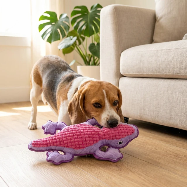 Alt view image 4 of 6 - Vibrant Life Purple Lizard Plush Dog Toy with Squeaker, Chew Level 4