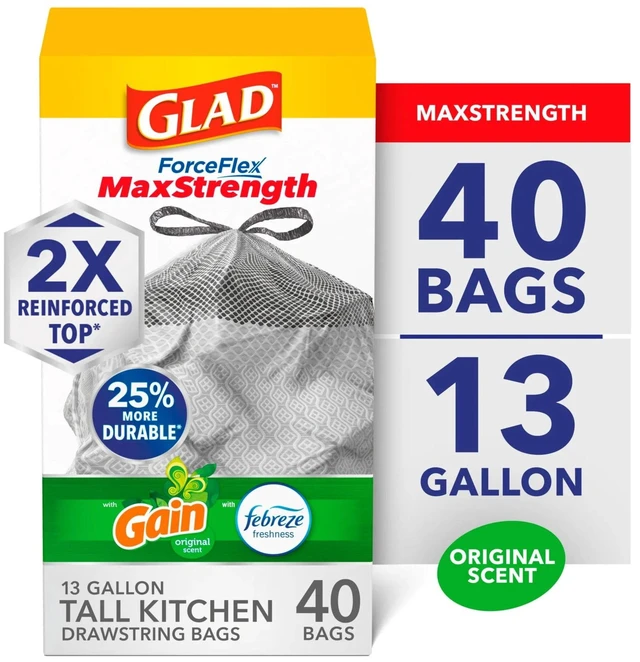 Main image of Glad ForceFlex MaxStrength 13-Gallon Drawstring Tall Trash Bags, Gain Original Scent, 40 Bags