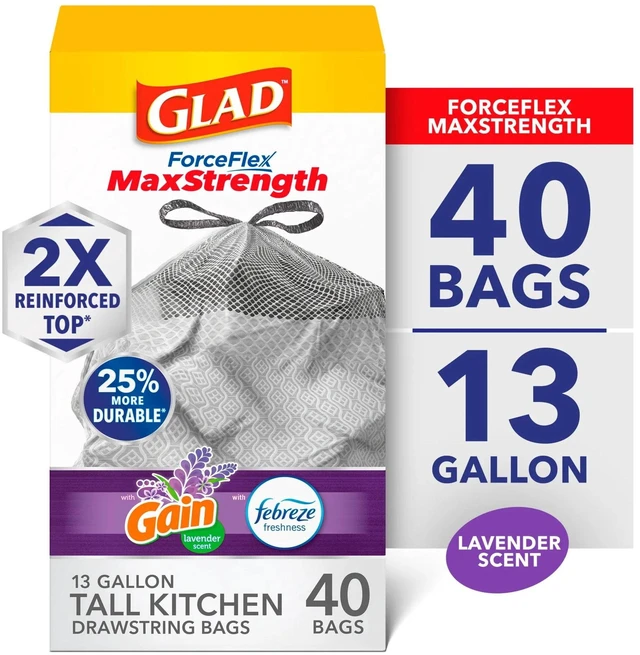 Main image of Glad ForceFlex MaxStrength 13-Gallon Drawstring Tall Kitchen Trash Bags Gain Lavender Scent 40 Bags
