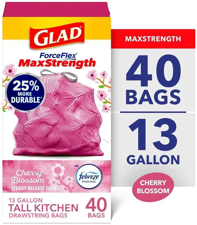 Main image of Glad ForceFlex MaxStrength 13-Gallon Pink Drawstring Tall Kitchen Trash Bags, Febreze Freshness Cherry Blossom Scent, 40 Bags