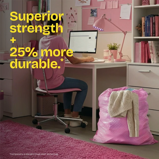Alt view image 4 of 5 - Glad ForceFlex MaxStrength 13-Gallon Pink Drawstring Tall Kitchen Trash Bags, Febreze Freshness Cherry Blossom Scent, 40 Bags