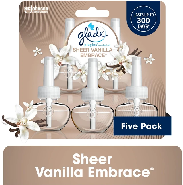 Main image of Glade PlugIns Scented Oil Refills, Sheer Vanilla Embrace, Essential Oil Infused Wall Plug In, 5 Count, 3.35 Fl Oz