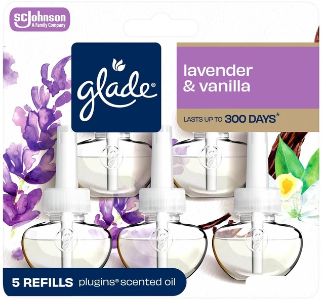 Main image of Glade PlugIns Lavender & Vanilla Scented Oil Refills, 5-Pack, 3.35 fl oz, Essential Oil Infused Wall Plug In Air Freshener