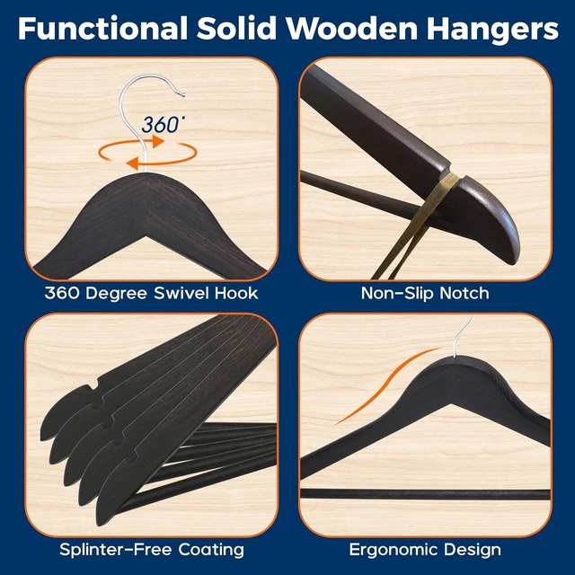 Alt view image 3 of 7 - Vintage Wooden Hangers 5 Pack - Heavy-Duty with 360 Swivel Hook, Non-Slip, Pants Bar & Shoulder Grooves, for Suits, Jackets, Dresses & Camisoles, Space-Saving, Smooth Fin