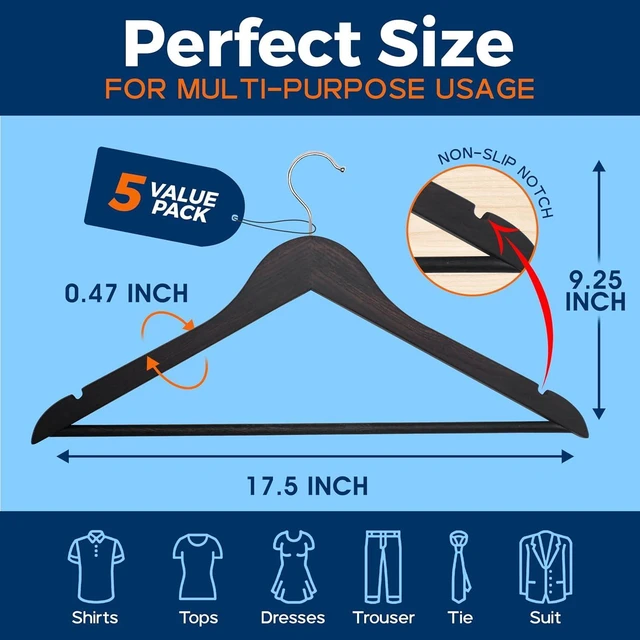 Alt view image 2 of 7 - Vintage Wooden Hangers 5 Pack - Heavy-Duty with 360 Swivel Hook, Non-Slip, Pants Bar & Shoulder Grooves, for Suits, Jackets, Dresses & Camisoles, Space-Saving, Smooth Fin