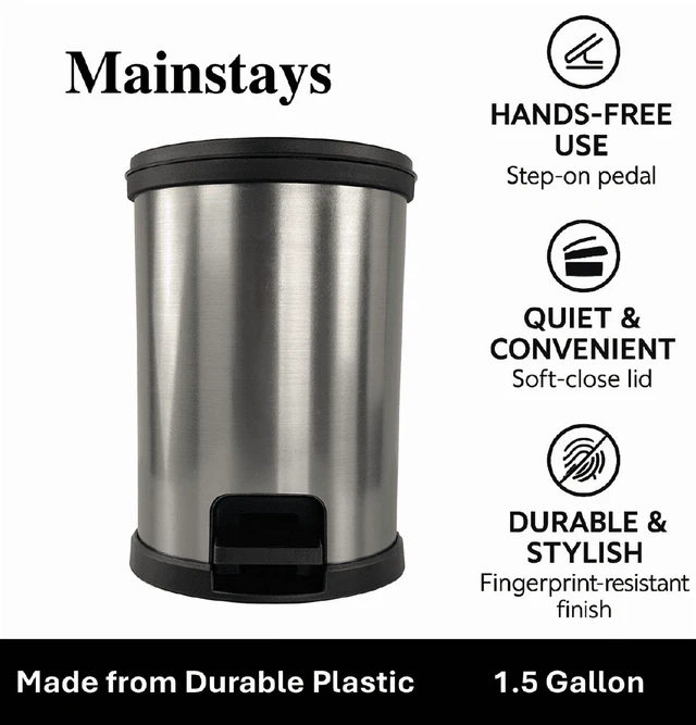 Alt view image 2 of 6 - Mainstays 1.5 Gallon Plastic Step Bathroom Trash Can with Lid, Silver