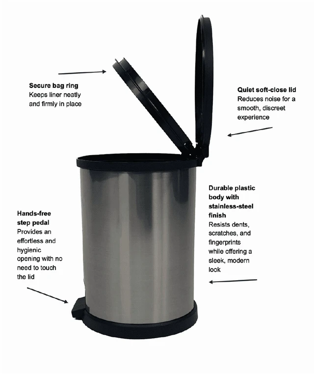 Alt view image 6 of 6 - Mainstays 1.5 Gallon Plastic Step Bathroom Trash Can with Lid, Silver