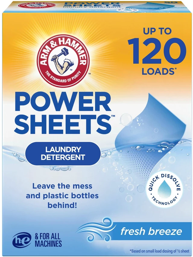 Main image of Arm & Hammer Power Sheets Laundry Detergent, Fresh Breeze, 60 Count, Up to 120 Small Loads