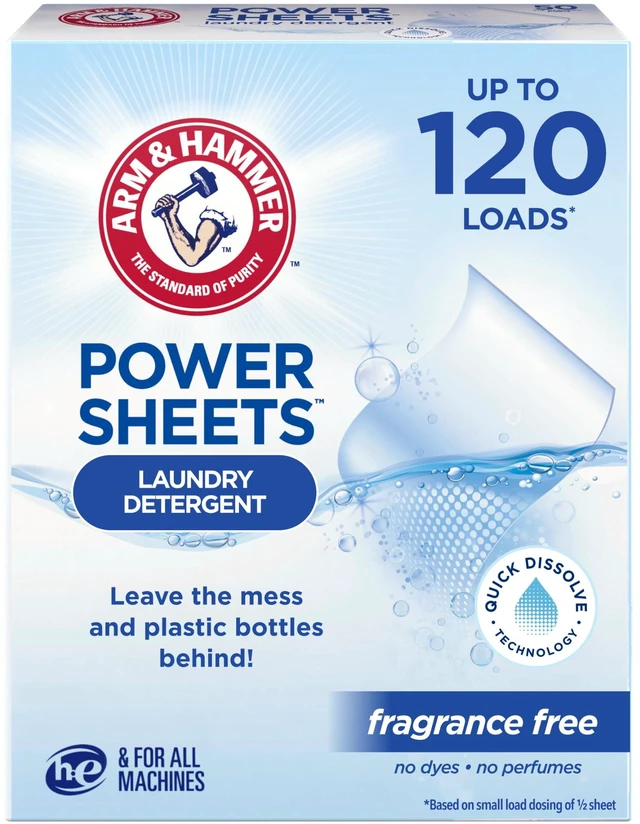Main image of ARM & HAMMER Power Sheets Laundry Detergent, Fragrance Free, 60 Count, Up to 120 Small Loads