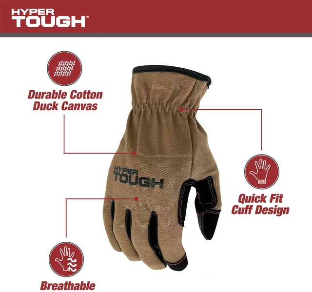 Alt view image 3 of 6 - Hyper Tough Utility Work Gloves, Duck Canvas, Brown, Men's XL