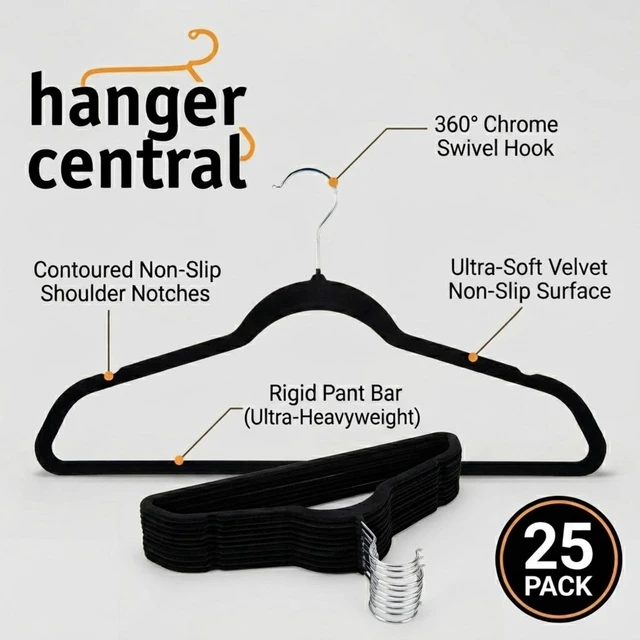 Alt view image 3 of 6 - Hanger Central 25-Pack 17-Inch Black Velvet Clothes Hangers with Swivel Hook