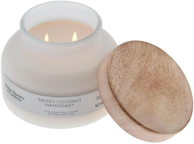 Main image of Better Homes & Gardens Salted Coconut Mahogany Scented 2-Wick Frosted Jar Candle, 18oz