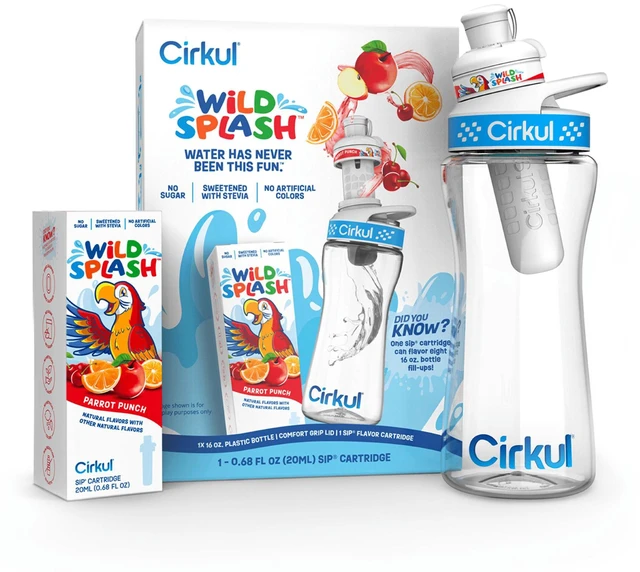 Main image of Cirkul Kids Water Bottle Starter Kit, 16oz BPA-Free Bottle with Flavor Cartridge, Blue Lid (Parrot Punch)