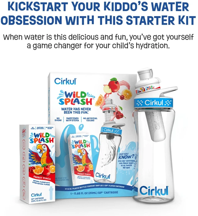 Alt view image 2 of 6 - Cirkul Kids Water Bottle Starter Kit, 16oz BPA-Free Bottle with Flavor Cartridge, Blue Lid (Parrot Punch)