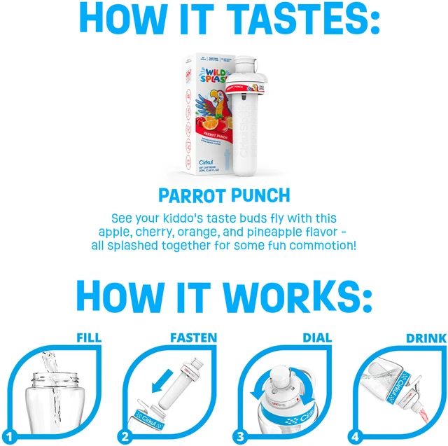 Alt view image 5 of 6 - Cirkul Kids Water Bottle Starter Kit, 16oz BPA-Free Bottle with Flavor Cartridge, Blue Lid (Parrot Punch)