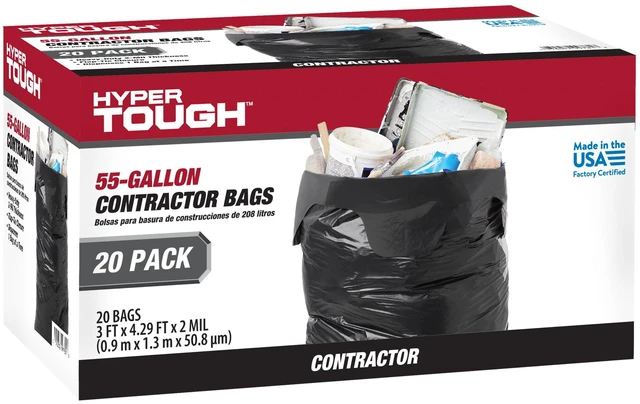 Main image of Hyper Tough 55-Gallon Contractor Garbage Bags, Flap Tie, 2 Mil, 20 Bags